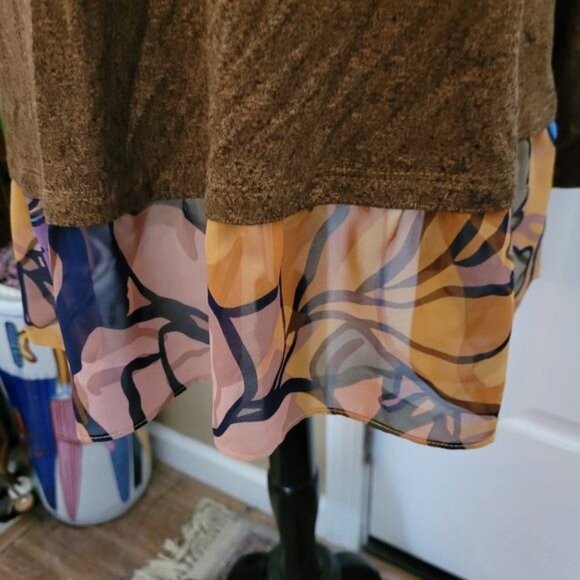 LOGO Lori Goldstein Fall Top Brown Floral Print Chiffon Trim Small - Picture 4 of 8